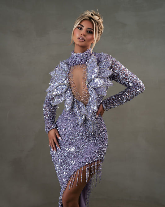Elegant light purple dress with sequin fabric and 3D leaf embellishments