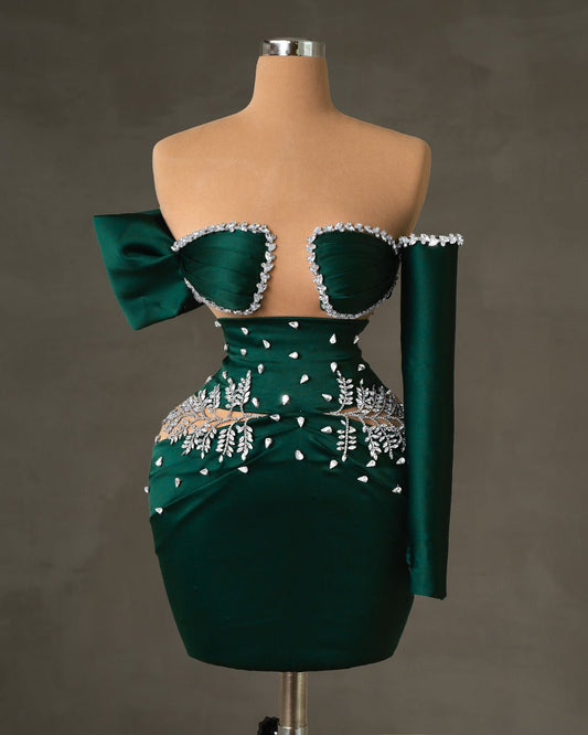 Emerald green short dress with off-the-shoulder design