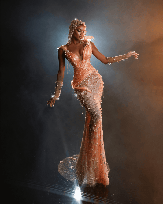 Irena Nude Long Dress with Crystals and Metallic Leather