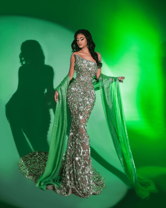 Irene Green Long Sleeveless Dress with Crystals and Cape