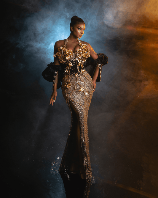 Iria Gold Long Dress with Flowers and Cape