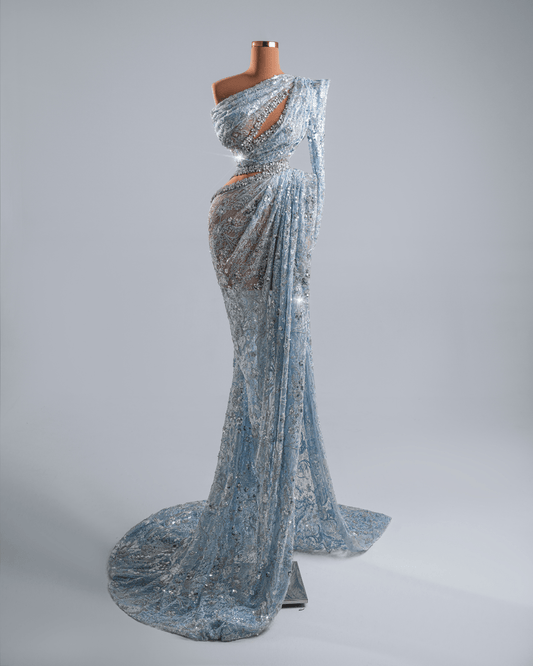 Irisia Blue Dress with Side Cape and Crystals