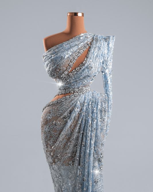 Irisia Blue Dress with Side Cape and Crystals