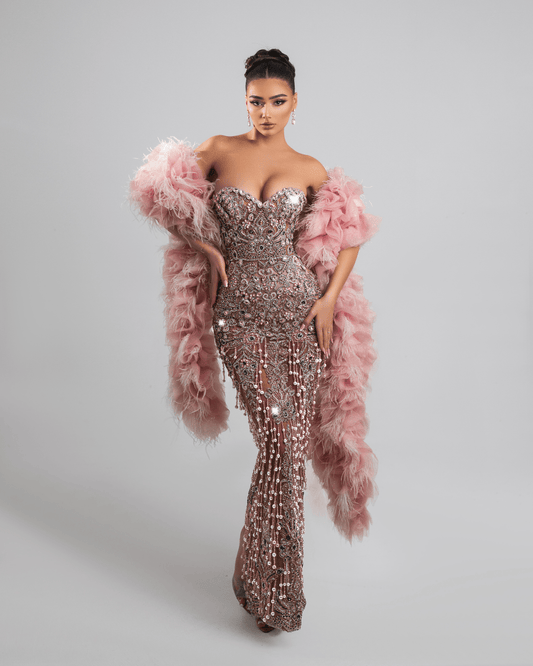 Irose Pink Long Dress, with Feather Shawl