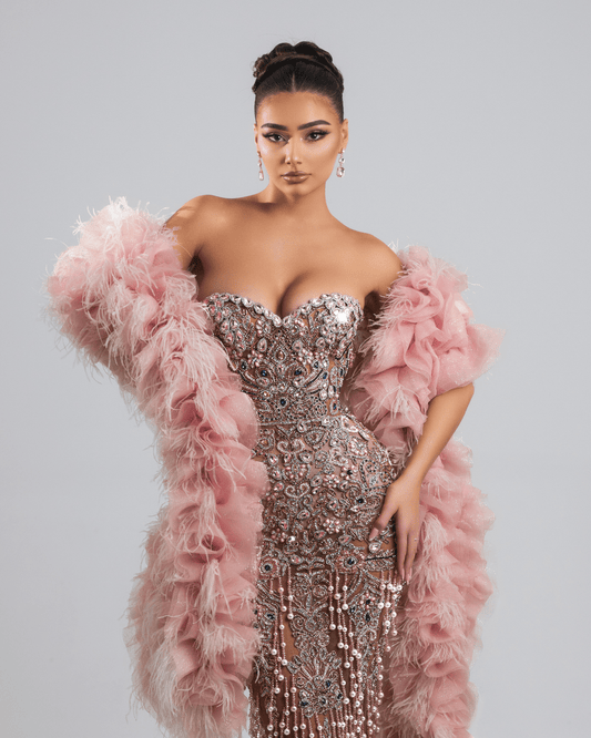 Irose Pink Long Dress, with Feather Shawl