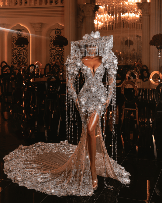 Isola Silver Long Dress with Flowers and Hat