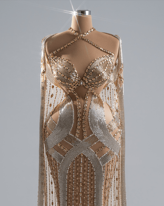 Ivory Gold and Silver Dress Embellished with Crystals
