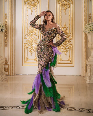 Stunning Beaded Dress - Green, Purple, and Gold Accents for a Glamorous Look