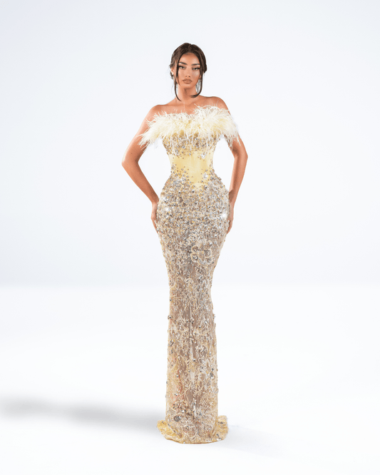 Janeya Yellow Long Dress with Crystals and Feathers