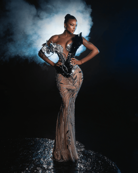 Jaona Silver Dress with Flowers and Metallic Leather