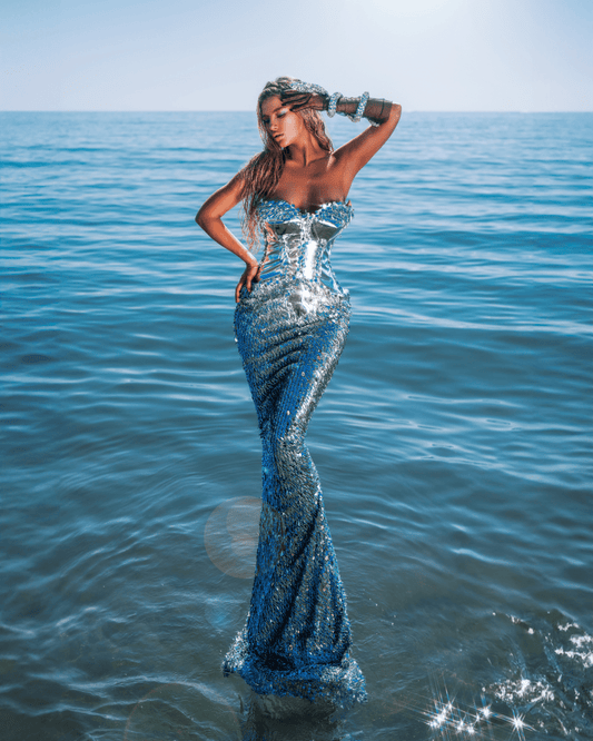 Jaria Sleeveless Sequin Dress with Sea Deatails and Snake