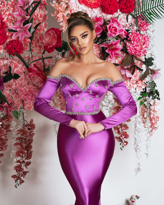 Luxurious Off-Shoulder Satin Gown in Purple