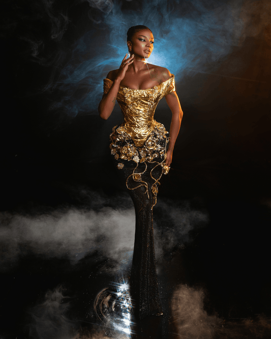 Jetea Gold Long Dress with Metallic Leather and Flowers
