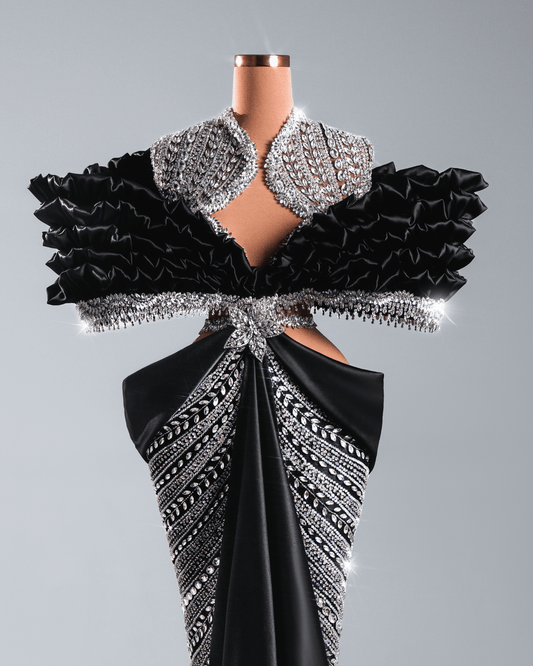 Joane Black Sleeveless Long Dress with Crystals and Cape