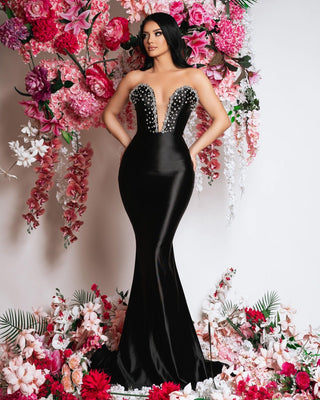 Elegant black satin dress - perfect for formal occasions and events.
