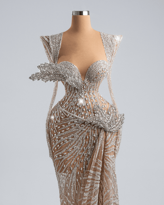 Julina Nude Dress with Side Cape and Crystals