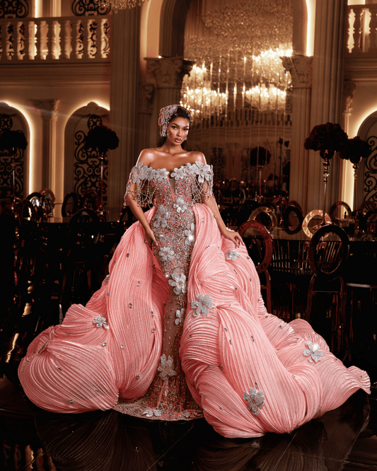 Jurena Pink Sleeveless Dress with Flowers and Cape