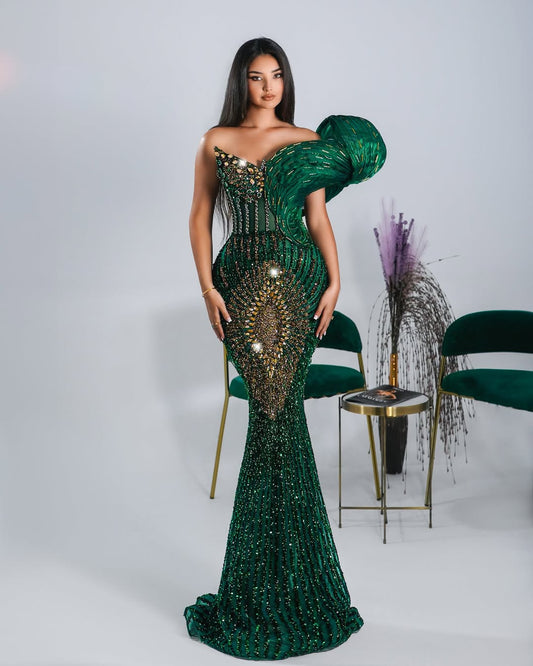 Kaone Green Long Dress One Shoulder with Crystals