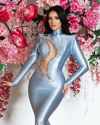 Chic Light Blue Satin Dress - High-necked design adorned with stones, perfect for formal occasions