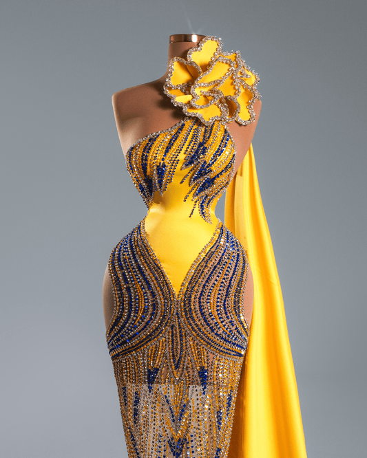 Kludia Yellow Sleeveless Long Dress with Side Cape and Flowers