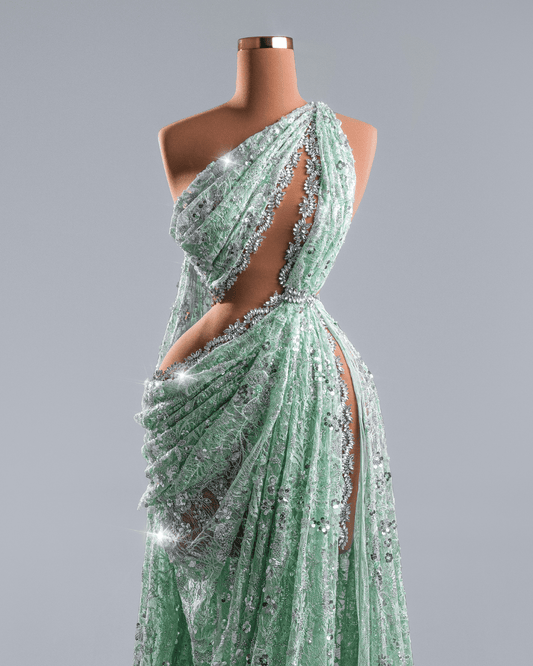 Koele Green Dress with Side Cape and Crystals