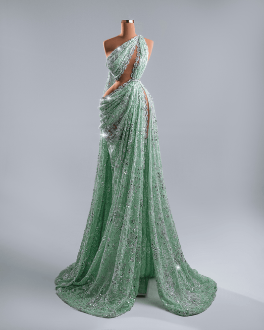 Koele Green Dress with Side Cape and Crystals