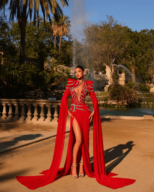 Laesa Red Long Dress, with Cape and Cut Outs