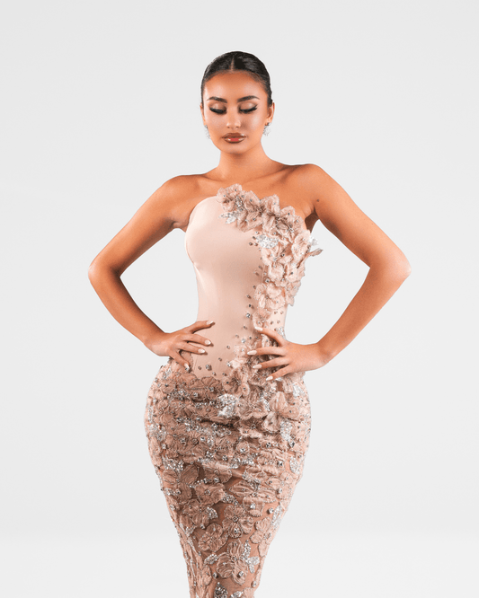 Lanya Nude Long Sleeveless Dress with Crystals and Flowers