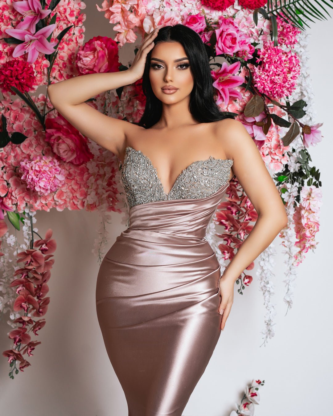 Elegant sleeveless champagne satin gown with silver stone embellishments