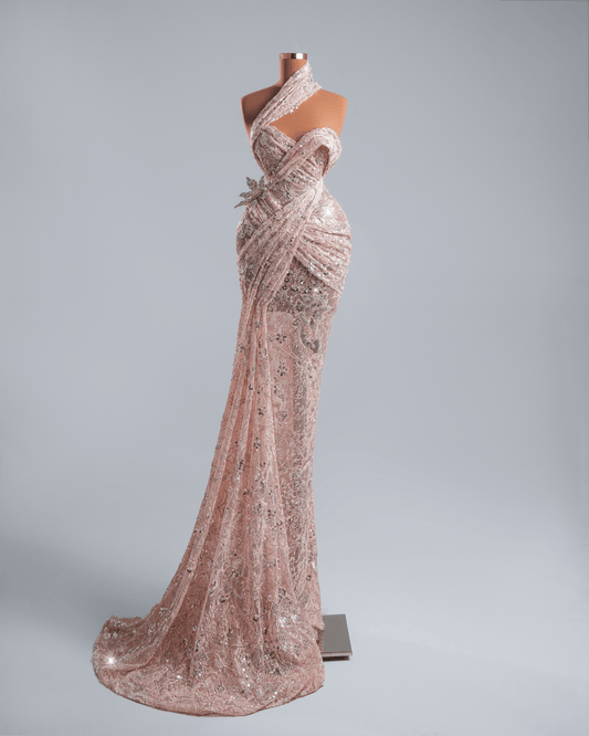 Larela Pink Dress with Side Cape and Crystals