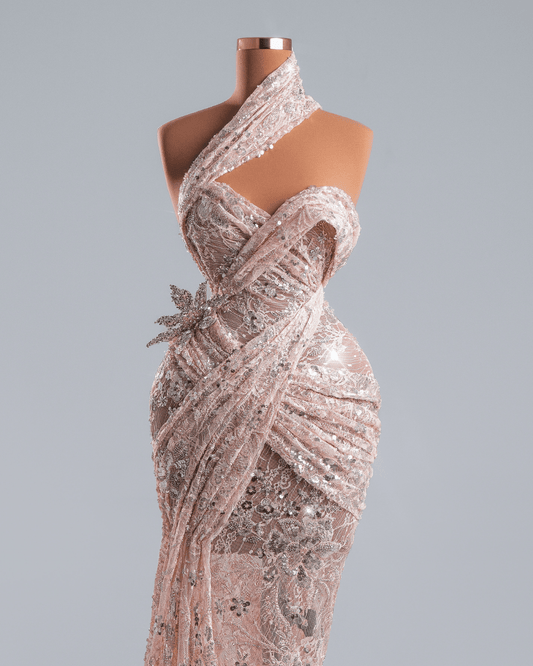 Larela Pink Dress with Side Cape and Crystals