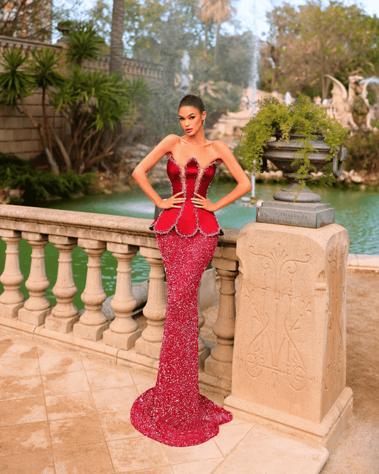 Laria Red Long Dress, with Cape and Crystals