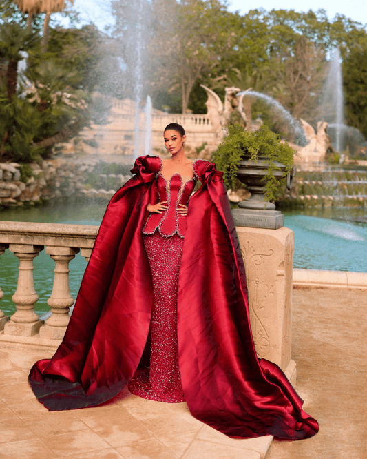 Laria Red Long Dress, with Cape and Crystals