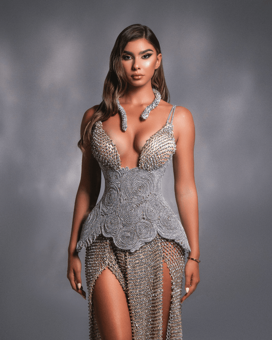Lenea Silver Long Dress with Cut-Outs and Snake Detail