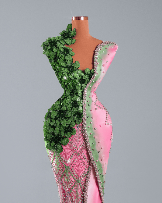 Leose Pink and Green Long Dress with Flowers and Crystals