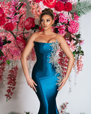 Strapless Blue Satin Dress - Sleeveless Cocktail Dresss with Silver Crystals