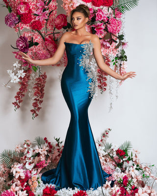 Sleeveless Blue Dress - Elegant Satin Evening Gown with Crystal Embellishments