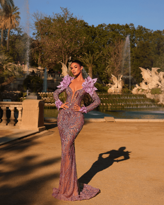 Lisia Lavander Long Dress, with Crystals and Feathers
