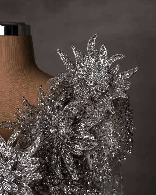 Detailed Crystal Flowers on One Shoulder Bridal Dress