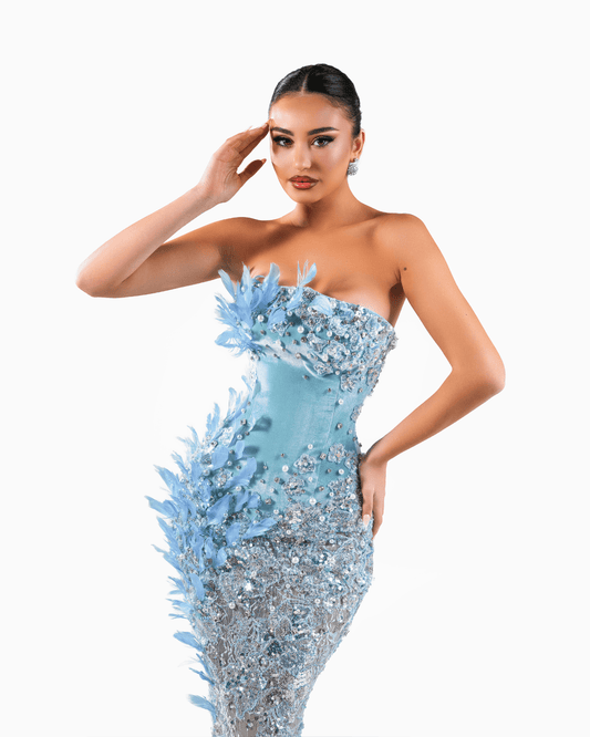 Loera Blue Long Dress with Crystals and Feathers