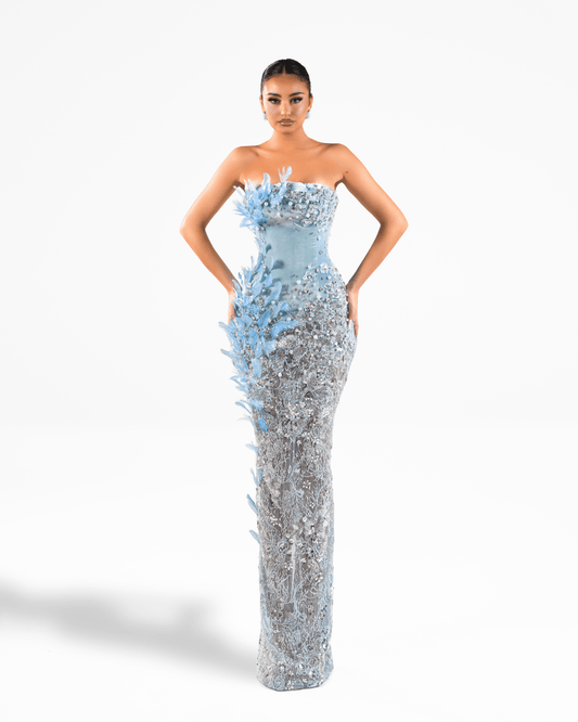 Loera Blue Long Dress with Crystals and Feathers