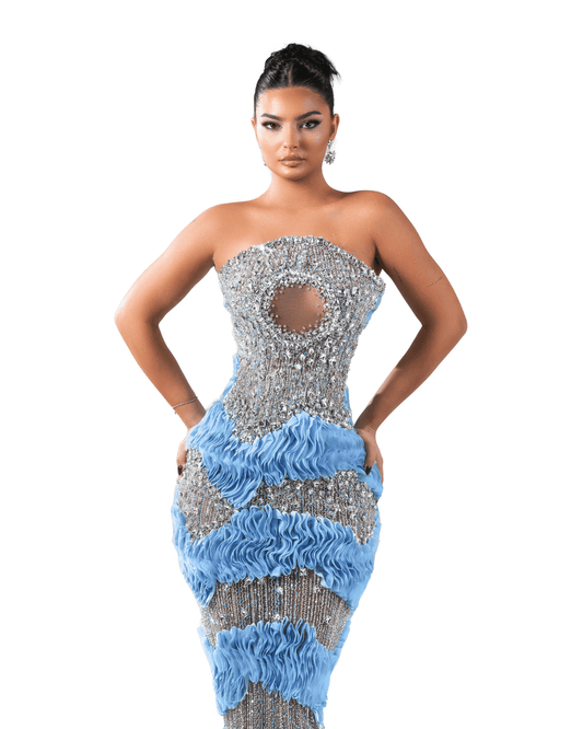 Loreme Blue Long Sleeveless Dress with Crystals and Cut-Outs