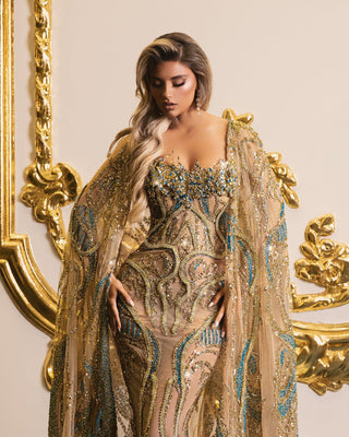 Gold Dress with Blue Embellishments - Luxury Evening Wear