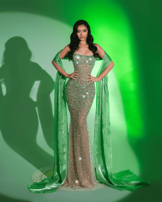 Lotea Green Long Sleeveless Dress with Crystals and Cape