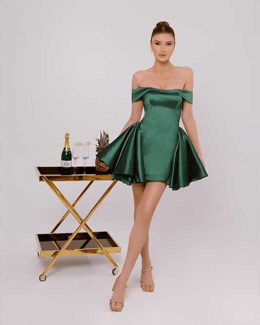 Louisa Emerald Green Short Dress, Off Shoulder With Taft Fabric