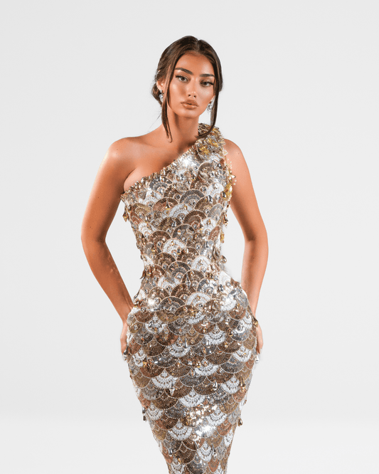 Lumea Gold Long Sleeveless Dress with Crystals and Flowers