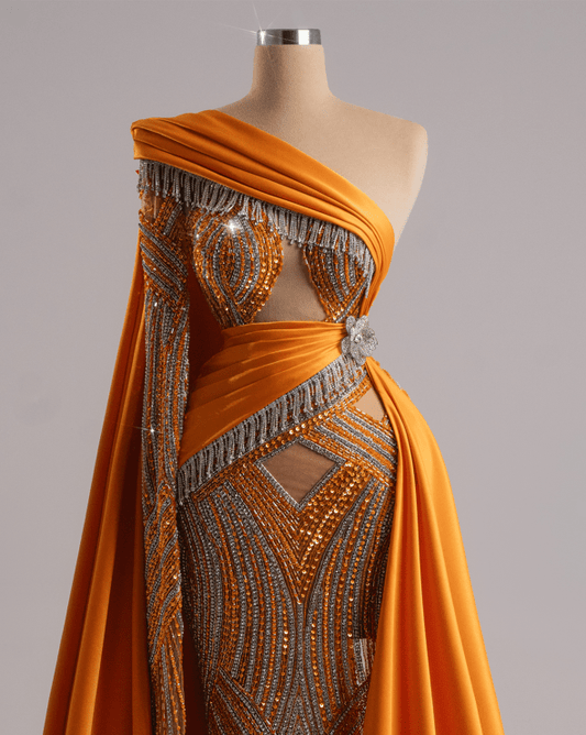 Luminara Orange Dress With Sequined And Satin Fabric