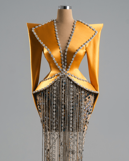 Olya Yellow Dress With Sequined And Satin Fabric