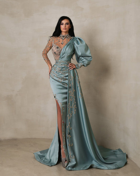 Lunara Teal Satin Dress with Side Cape