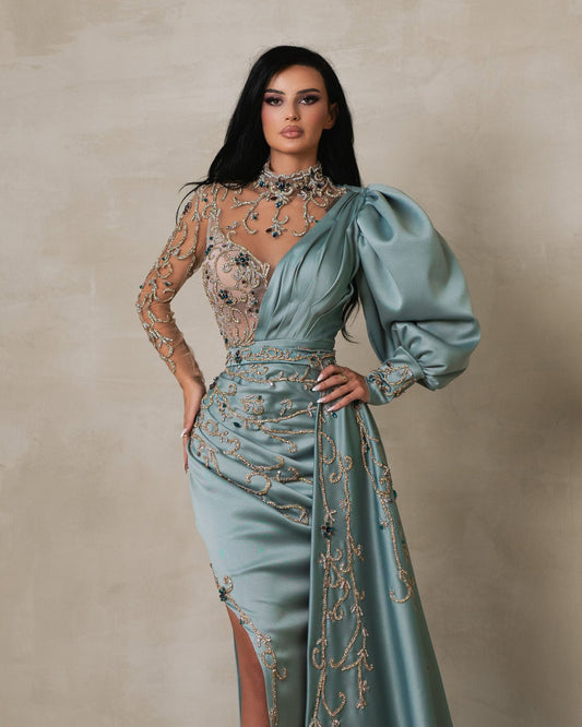 Lunara Teal Satin Dress with Side Cape